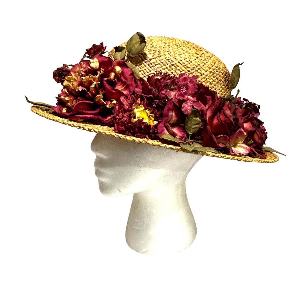 Vintage straw wide brim sun hat dark pink silk flowers cottagecore garden party
